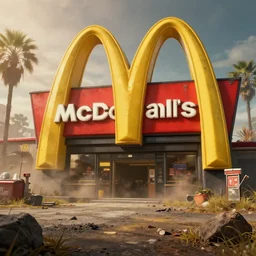 post apocalyptic McDonalds::10, fallout, wasteland, octane render, 8k