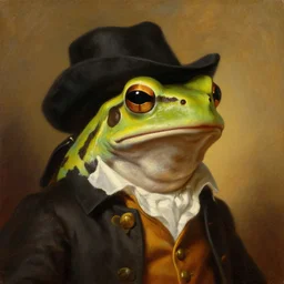 a head and shoulders portrait painting of an anthropomorphic!!!!!!!!!! amazon milk frog!!!!!!!!!! wearing a colonial outfit without a hat looking off camera, a character portrait, american romanticism, oil on canvas, warm lighting