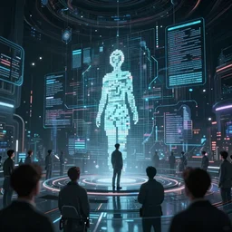 cinematic shot epic cyberspace, hyper realistic, mood lighting, fantasy, detailed collective human creators, floating graphics, highly detailed, super realistic, perfect lighting pixel sorting, style sheet