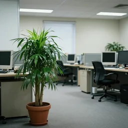 photography of a boring 9 0 s office interior, a potted plant, desks and computers in the background