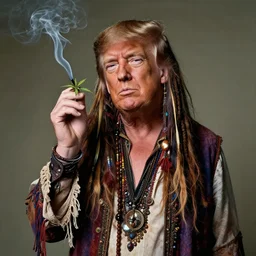 donald trump with hippie hair, hippie clothes, smoking cannabis, photorealistic photographed in the style of annie leibovitz, studio lighting
