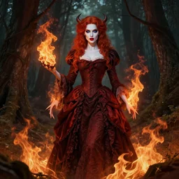 full body portrait of an evil female pyromancer in the woods, elegant victorian dress, beautiful face, white skin, red hair, red lipstick, blue eyes, fire everywhere, high fantasy, dnd, highly detailed, digital illustration, by artgerm, greg rutkowski, alphonse mucha, masterpiece