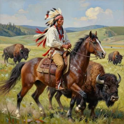 a highly detailed matte action painting of an american native sioux on horse back hunting buffalo, in the style of greg rutkowski and remedios varo, ultra realistic, detailed, intricate, full of color, 4 k, hyperrealistic, focused, extreme details, masterpiece