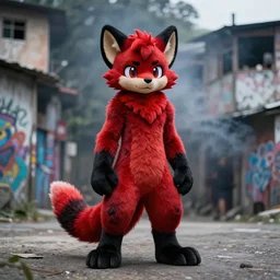 photo ( far _ shot ), subject [ furry _ fandom _ fursona _ original _ character ( red - black, anthropomorphic _ humanoid _ furry, weasel - ferret - stoat ) ], background ( dark _ smokiness ), medium [ graffiti ], location ( favela )