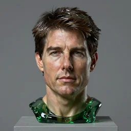 studio photograph of hyperrealistic accurate portrait sculpture of tom cruise, beautiful symmetrical!! face accurate face detailed face realistic proportions, made of green blown glass on a pedestal by ron mueck and matthew barney and greg rutkowski, hyperrealism cinematic lighting shocking detail 8 k
