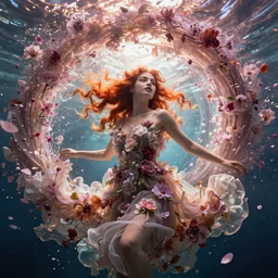 Ginger woman in a swirling sundress of flowers, underwater, floral explosion, radiant light, vortex of plum petals, by WLOP and artgerm, artstation, deviantart, pixiv
