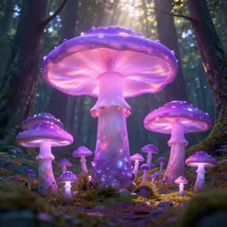 glowing violet and pink giant and small mushrooms in a forest with sun rays shining through the trees, masterpiece, fantasy world, octane render, art station, professionally retouched, soft lighting, hyper realistic