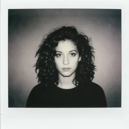 polaroid picture, beautiful woman, curly hair, artistic, black and white, eerie, francesca woodman style
