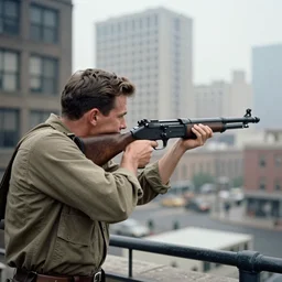 1960s photography of a man shooting a machine gun in an american city.