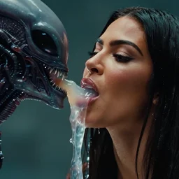 film still of kim kardashian ingesting alien goo from the mouth of an xenomorph, transparent goo, transparent liquid, saliva, 8 k