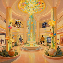 a minimalist oil painting by donato giancola, warm coloured, scifi bioluminescent luxurious art nouveau art deco garden circular shopping mall interior with microscopy minimalist stained glass flowers growing out of pretty bulbous ceramic fountains, gigantic pillars and flowers, maschinen krieger, beeple, star trek, star wars, ilm, syd mead