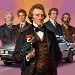 formal portrait of john james audubon, posing with a pileated woodpecker. digital art by eugene de blaas, ross tran, and nasreddine dinet, vibrant color scheme, delorean background, intricately detailed, in the style of romanticism. artstation, greg rutkowski
