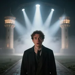 a cinematic wideangle portrait of an a man scared of getting married, fog filled, spotlights shine down from the watchtowers, perfectly lit face, ultra realistic, depth, beautiful lighting