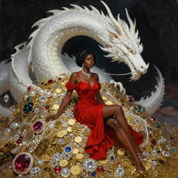 dark concept art of a brown skinned woman with a red dress is sitting in the middle of a mountain of precious jewels and golden coins while a giant white scaled dragon is behind her, pearl, rubi, diamonds, gold, painting by wlop, nixeu and greg rutkowski, beautiful, semirealism, artstation, octane render, oil painting, sharpness, 8 k, golden ratio
