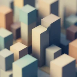 abstract geometric art made of boxes of varied sizes and colours, arranged like modern architecture, isometric view, shallow focal lens, analogous complementary colour scheme, hyperrealism, octane render