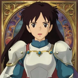 front facing symmetrical centered portrait, Imogen Poots as a Anime Paladin, fantasy, defined facial features, highly detailed, cel illustration, Kyoto Animation and Studio Ghibli anime screenshot, by Ilya Kuvshinov and Alphonse Mucha