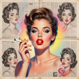 a handmade collage painting with newspapers of a girl from 1 9 8 0 s, smoking rolled cigarette, red big lips like a donut, high detailed, retro style painting, retro pastel colored palette, grain and texture, dancing heads, illustration, oil pastel drawing, symetrical, in the middle, looking to camera, high shoulders, gradient lighting at the back, sharp teeth, red paint stains, extremely elegant drawing, looking straight, lens correction, sharp focus, 8 k