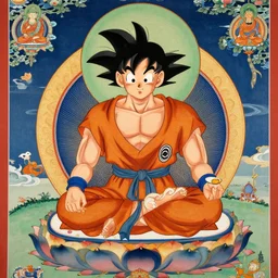 Goku depicted in a Buddhist style Thangka painting
