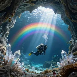 cave divers exploring an underwater cave system made of rainbow crystal in horizon zero dawn 2, god rays, d & d, fantasy, intricate, elegant, highly detailed, digital painting, artstation, concept art, matte, sharp focus, illustration, hearthstone, art by bouguereau and greg rutkowski and ruan jia and conrad roset and bierstadt.