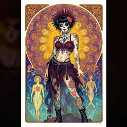 psychedelic poster art of a cute punk goth fractal mandelbrot Día de los Muertos tattooed girl posing by Victor Moscoso Rick Griffin Alphonse Mucha Gustav Klimt Ayami Kojima Amano Charlie Bowater, masterpiece