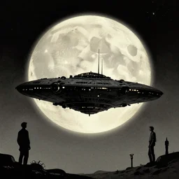 on a strange vintage scifi planet, retro spaceship sillhouetted against a large moon, george lucas, moebius, michael whelan, artstation