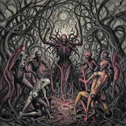 expressive and dreadfull,!! [ bronzepunk ]!!, detailed, organic flowing background, black ink & copic markers, vibrant muted colors, disturbing grunge still of a [ dark ritual performing ] [ spawn ], by arthur adams, by tom bagshaw