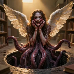 a sewer pit woman indescribable horror monster with tentacles transformed into a beautiful angel as the school librarian, seducing eyes, big smile, fangs and slime, volumetric lighting, beautiful, golden hour, sharp focus, ultra detailed, cgsociety by leesha hannigan, ross tran, thierry doizon, kai carpenter, ignacio fernandez rios, noir photorealism, film