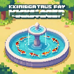 a pixel art background for a simple round fountain with koi fish inside, colorful, indie game kickstarter campaign, artstation, beautiful, coherent, long awaited award winning, nominated