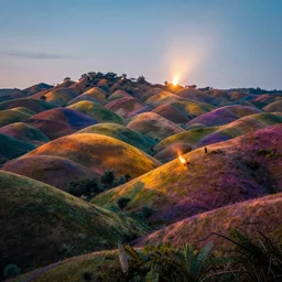 mutlicolorful wonderland fairytale hills  by josan gonzales and Dan Mumford torch light volume cimematic  low angle camera view