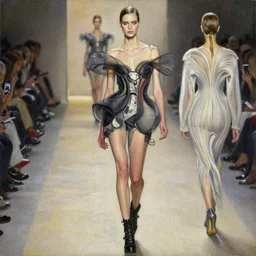 an intricate realistic oil painting of a fashion model resembling lily cole, wearing avant garde fashion, shoes, clothing by alexander mcqueen, clothing by iris van herpen, full body, headspace, runway, by tom bagshaw, by karol bak, emil melmoth