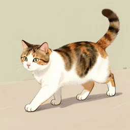 a calico cat walking on two legs drawing
