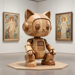3D 8k octan render ,ultra photorealistic, detailed unreal engine ,a wooden sculpture wooden art toys wooden on feet ,very cute robot wooden with cat ears zen méditation cyberpunk concept art wooden ,trending on cgsociety, a contemporary art gallery art  in néo Paris ,art by Alphonse Mucha