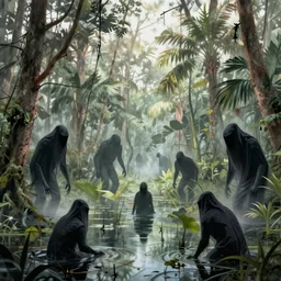 shadowy monsters in the swampy florida everglades, art by tyler edlin and george caleb bingham and larry ellmore and john jude palencar, cinematic, spooky, dramatic lighting, hyperrealism, atmospheric