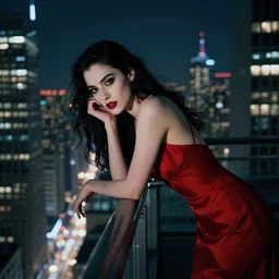 portrait of a beautiful vampire pensively leaning over the railing on a skyscraper with the nighttime cityscape in the background. wearing a red dress. masterpiece by artgerm and greg rutkowski and ilya kuvshinov paul lerh
