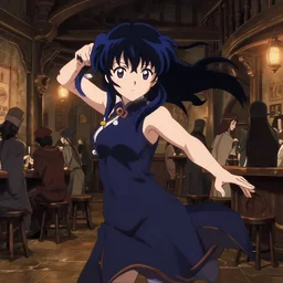 anime visual, portrait of a young female in a busy fantasy medieval tavern interior at night, cute face by yoh yoshinari, murata range, last exile, blue submarine no 6, dynamic pose, dynamic perspective, detailed silhouette, rich texture, seven deadly sins anime, anime cels, matte color, flat lighting, rounded eyes