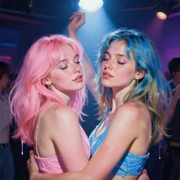 portrait of two beautiful girls dancing, night club, tecno, rave, eyes closed, intimate, pastel pink and blue colors, beautiful face, rule of thirds, spotlight, drips of paint, expressive, passionate, by greg rutkowski, by jeremy mann, by francoise nielly, by van gogh, digital painting