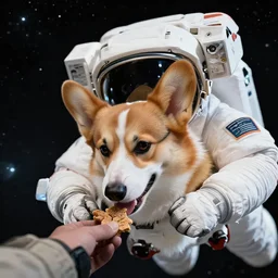 corgi eating treats while space walking an eva in space.