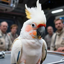 cinematic portrait of white orange parrot with big white crest, space station at background, high detail, 8 k, sharp focus, movie still, dramatic lighting, ray tracing, smooth, lane brown, finnstark, oleg bulakh, diego fazio, mike dargas, emanuele dascanio, felix englund, michal karcz