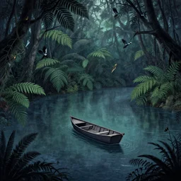 lonely boat floating on a river in the jungle, ferns, birds. digital drawing by tomm moore, wes anderson, jean pierre jeunet, tim burton, guido crepax. ultra detailed, cool color palette.