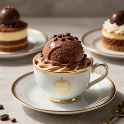 ultra realistic catalog photo of a cup full of sweet goloso pasticceria chocolate ice cream cake with a coffee - praline twist cream bigne in with rich details in luxury cup and plates