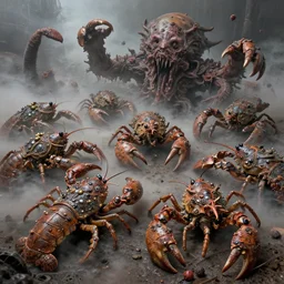 airbrushed varied muck jeweled, filthy rugated armored crustaceans clawing 8 9 degrees, baked at 5 0 0 f, moving, wild, claustrophobic cilia sporing pox, evil fog, final battle removal, clustered horror, by virgil finlay, vincente b ballestar, by francesco blanc, & by jack gaughan high resolution, hyper