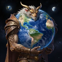 Mythological creature holding planet Earth in space, 4k detailed art, deviantart