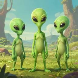 three aliens in the style of Christopher Balaskas, landscape environment