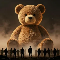 giant teddybear in darkness and mist, silhouette of soldiers in foreground, in the style of steven spielberg, greg rutkowski, zdzislaw beksinski, very detailed, octane render, warm color lighting, volumetric lighting, 8 5 mm