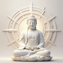 2 d techno buddha in front of concentric geometric radial sun portal with ancient wuji symbols embedded within it, fine lines, sci fi, artstation, yoshitaka amano
