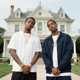 A photo of Tyler the Creator and A$AP Rocky in a Victorian Mansion in the movie The Grand Budapest Hotel (2014), golden, vibrant, colorful, 8K, copper, brass, f/22, 35mm, 2700K, kodachrome
