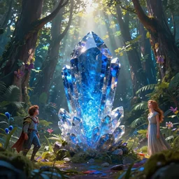 big crystal blue energy rock in a magical forest, fantasy art, god rays, beautiful colors, by cyril rolando and asher durand and natalie shau