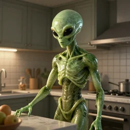 alien in a kitchen, realistic light, high details, unreal engine, 4k
