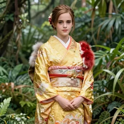 asian emma watson wearing golden yellow and red furisode, full shot, jungle background, intricate, highly detailed, concept art, sharp focus, illustration, artgerm, ruan jia, jurgens, aleksi briclot, mucha