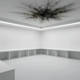cctv footage of a large white empty breakroom, retrofuturist liminal space, familiar place, clean, black mold, amateur, unreal engine, photorealistic, trending on artstation